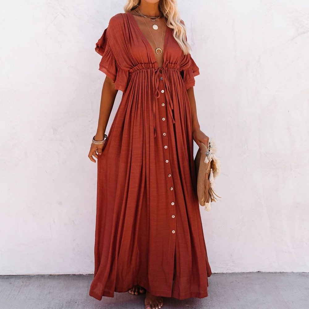 New Boho Red Gauze Maxi Summer Dress Cover-Up - Picture 2 of 10